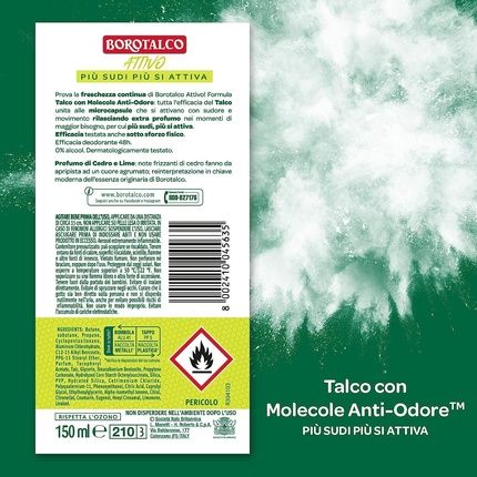 Borotalco Yellow Active Spray Deodorant Formula Without Alcohol And Talc With Anti-Odor Molecules 48 Hours Effectiveness Cedar And Lime Scent 150Ml