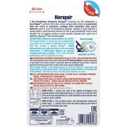 Biorepair Ultra Thin Waxed Antibacterial Dental Floss With Microrepair For Tight Spaces Mouth Care Fresh Mint Flavor 6 X 30 Meters