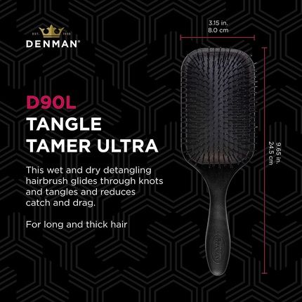 Denman D90L Tangle Tamer Ultra Hairbrush For Long And Strong Hair With Nylon Bristles - Black