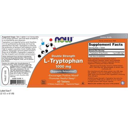 Now Foods L-Tryptophan Double Strength 1000Mg 60 Tablets