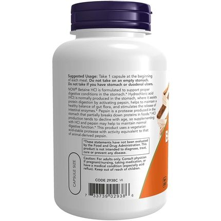 Now Betaine Hcl 648Mg Vegetarian Formula Digestive Support 120 Veg Capsules - Image 3