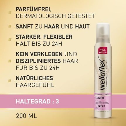 Wellaflex Sensitive Strong Hold Foam - Perfume-Free Hair Foam For 24H Flexible Hold Without Clumping - With Uv Protection And Hair Taming Complex With Macadamia Oil 200Ml - Image 3