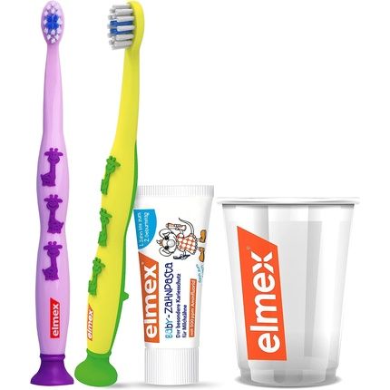 Elmex Baby Dental Care Starter Kit 0-2 Years - Set Of Toothpaste, 2 Toothbrushes, And A Toothbrush Cup For Toddlers - Age-Appropriate Dental Products