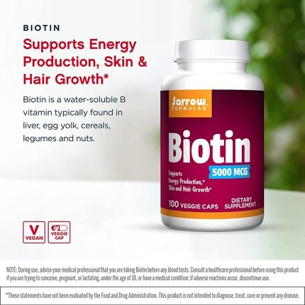 Jarrow Formulas Biotin 5000Mcg Veggie Caps Supports Skin & Hair Growth Lipid Metabolism & Energy Production 100 Count - Image 3