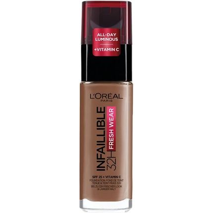 L'Oreal Paris Infallible 32H Fresh Wear Foundation Full Coverage Longwear Weightless Smooth Finish Water-Proof Transfer-Proof With Vitamin C Spf 25 365 Deep Golden 30Ml