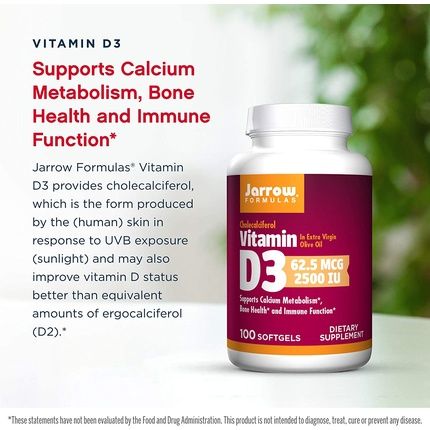 Jarrow Formulas Vitamin D3 2500 Iu Softgels Bone Health Immune Function & Calcium Metabolism Support 100 Count - Image 3