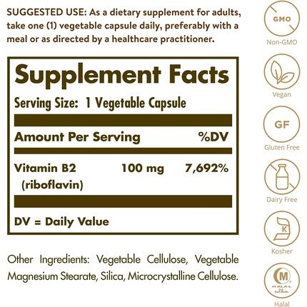 Solgar Vitamin B2 Riboflavin 100Mg Vegetable Capsules