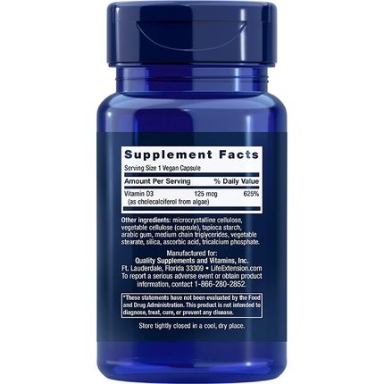 Life Extension Vegan Vitamin D3 Joint/Bone Health Immune Support 60 Count Capsules