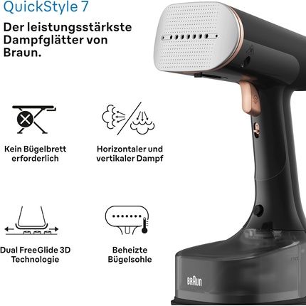 Braun Quickstyle 7 Gs7077Bk Steam Smoother With Dual Freeglide 3D Technology Faststeam Technology Steamer 35G/Min Steam 250Ml Water Tank 3M Cable Length Ready In 35 Seconds 1600W Black/Copper
