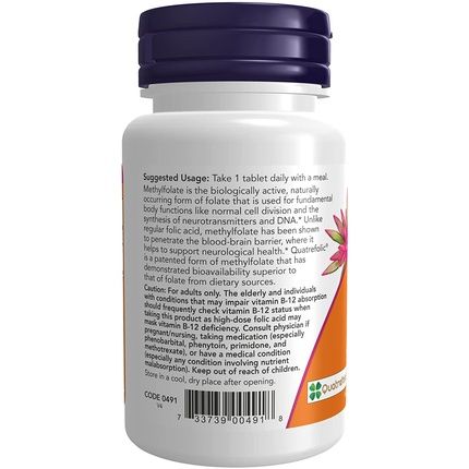 Now Methyl Folate 1000Mcg Metabolically Active Folate Co-Enzyme B Vitamin 90 Tablets - Image 3