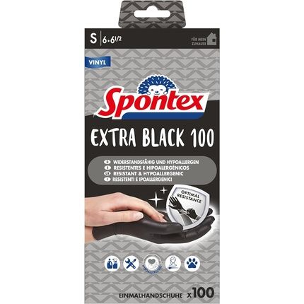 Spontex Extra Black Vinyl Disposable Gloves Powder-Free And Latex-Free Size S Black