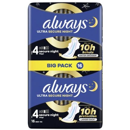 Always Ultra Sanitary Pad Secure Night With Wings Size 4 - Big Pack Of 16