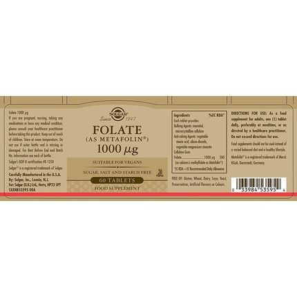 Solgar Folate 1000Mcg High Strength Formula Vegan 60 Tablets