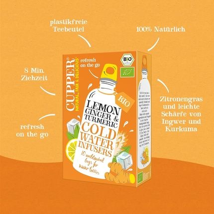 Cupper Organic Cold Water Infusers Lemon, Ginger & Turmeric 10 Unbleached Tea Bags