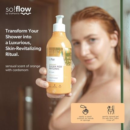 So!Flow Radiant Glow Shower Oil With Juicy Orange & Cardamom, Infused With Citrus Aurantium Amara Flower Extract For Refreshed Skin