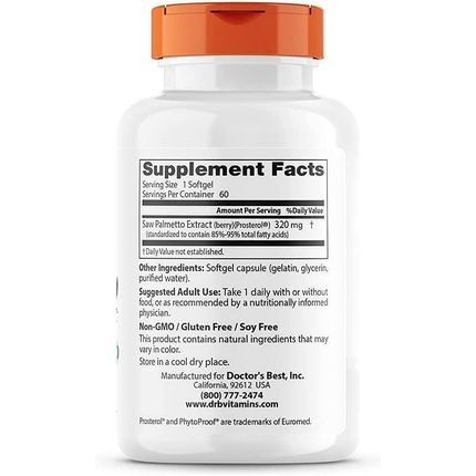 Doctor'S Best Saw Palmetto With Prosterol Standardized Extract 320Mg 60 Softgels