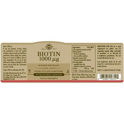 Solgar Biotin 1000mcg Vegetable Capsules 50 Count - Image 3
