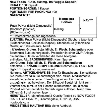 Now Foods Rutin 450Mg Bioflavonoid Dietary Supplement 100 Capsules