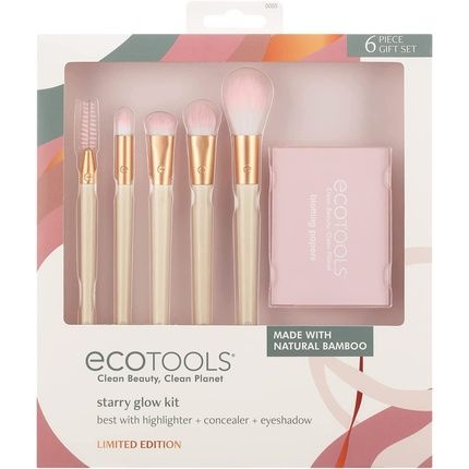 Ecotools Limited Edition Starry Glow Makeup Brush Kit For Eyes And Highlighting With Blotting Papers - 6 Piece Gift Set Cream