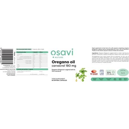 Osavi Oregano Oil Carvacrol 180Mg Enteric Capsules 60 Count
