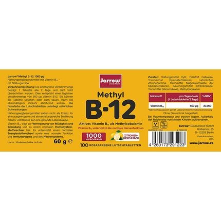 Jarrow Methyl B12 1000Mcg Active Vitamin B12 As Methylcobalamin 60 Lozenges 500Mcg
