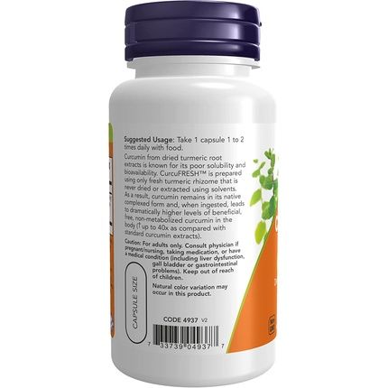 Now Curcufresh Curcumin Derived From Fresh Turmeric Juice 60 Veg Capsules - Image 3