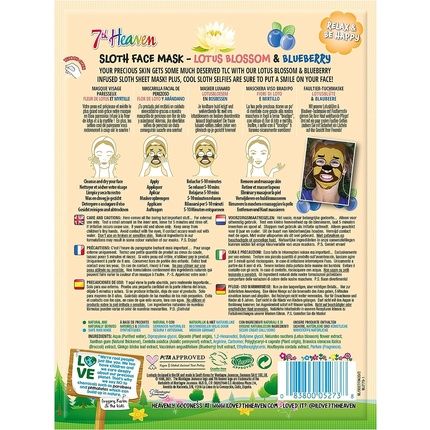 7Th Heaven Sloth Face Sheet Mask With Lotus Blossom And Blueberry To Soothe And Nourish Skin