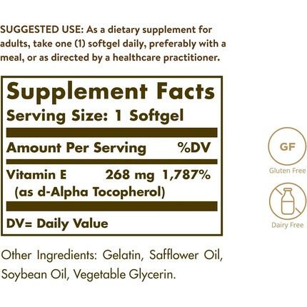 Solgar Natural Source Vitamin E 268Mg Softgels - Pack Of 100 - Protects Cells From Oxidative Stress - Immune System Support - Vegan And Gluten Free