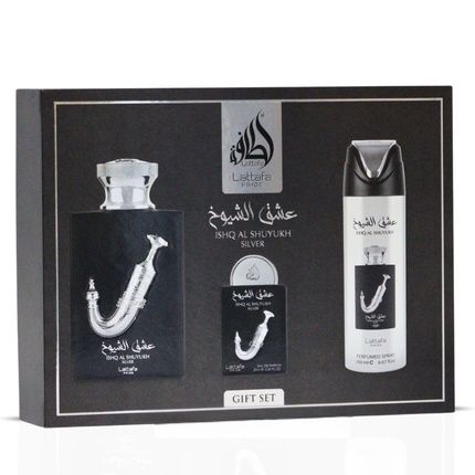 Lattafa Pride Ishq Al Shuyukh Silver Giftset Eau De Parfum 100Ml + 20Ml + Deodorant 200Ml Men Fragnance