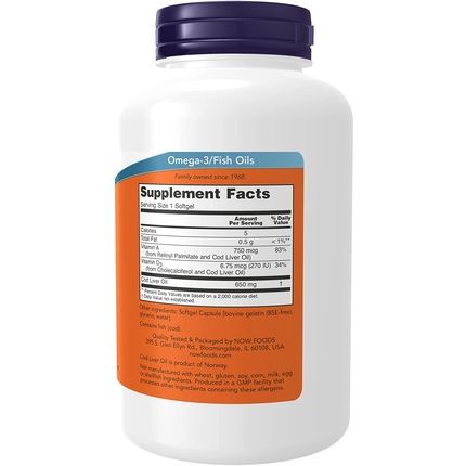 Now Cod Liver Oil 650Mg Excellent Source Of Vitamins A And D-3 250 Softgels