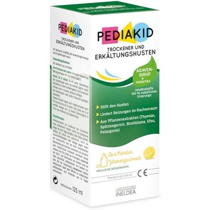 Pediakid Dry & Cold Cough Exclusive Formula With Agave Syrup Soothes Cough Relieves Throat Irritation Natural Lemon Flavor Medical Device 125Ml