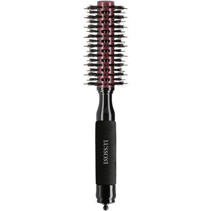 T4B Lussoni Round Wood Styling Hair Brush For Styling Short Hair And Ponytail Made Of Boar Bristles And Nylon Pins With Ceramic Coating Black 22Mm