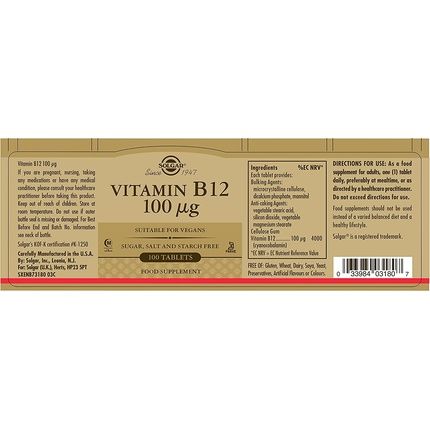 Solgar Vitamin B12 Tablets 100Ug - Pack Of 100 - Easy To Take Form - For Healthy Nervous System, Heart And Mind - Red Blood Cell Formation - Vegan - Image 3