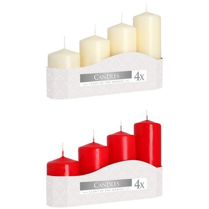 Set Of 4 50Mm Diameter Pillar Candles, Red Or Ivory 70Mm - 130Mm In Height
