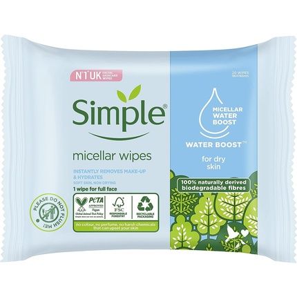 Simple Kind To Skin Hypoallergenic Micellar Biodegradable Cleansing Wipes For Sensitive Skin 20 Wipes
