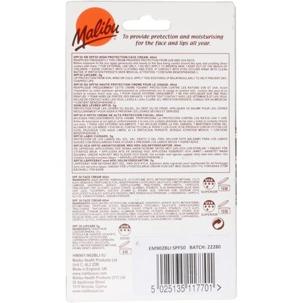 Malibu Sun Duo Pack Spf 50 Face Cream Sunscreen And Spf 30 Lip Balm Protection 40Ml And 5G