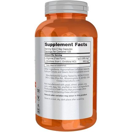 Now Sports Nutrition Arginine & Ornithine 500/250Mg Amino Acids 250 Veg Capsules