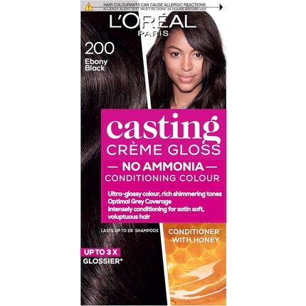 L'Oreal Paris Ammonia Free Semi-Permanent Hair Dye 200 Ebony Black Glossy Hair Colour Natural Looking Finish For Up To 28 Shampoos Casting Creme Gloss 1 Application
