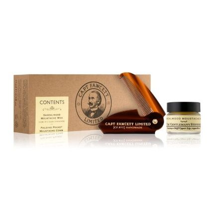 Captain Fawcett'S Sandalwood Scent Moustache Wax & Folding Pocket Moustache Comb Gift Set - Made In England