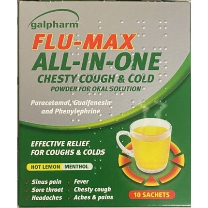 Galpharm Flu Max All In 1 Lemon 10 Powder Sachets For Fever Blocked Nose And Sore Throat - Image 4