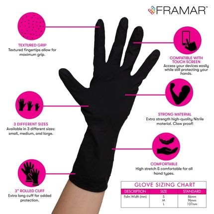 Framar Black Nitrile Gloves Small Disposable Non Latex Hair Dye Work Rubber 100 Pack