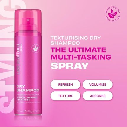 Lee Stafford Original Dry Shampoo No Rinse Spray To Refresh Hair In Between Washes 200Ml Pink