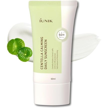 Iunik Centella مهدئ نباتي مرطب، عامل حماية من الشمس 50+ Pa++++، غير لزج، خفيف الوزن، واقي شمسي يومي، آمن للشعاب المرجانية، لمسة نهائية غير لامعة، 2 أونصة بيتا جلوكان