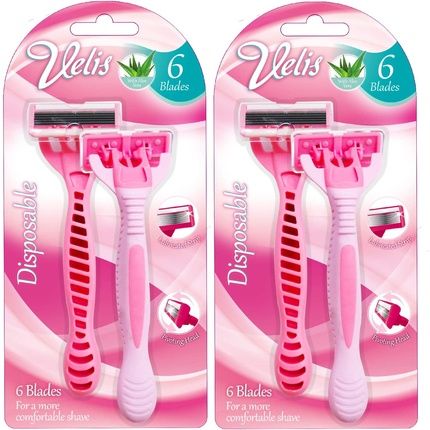 Velis Women'S Six Blade Razor With Rubber Handles And Textured Grips 4 Pack