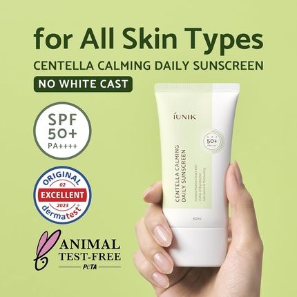 Iunik Centella مهدئ نباتي مرطب، عامل حماية من الشمس 50+ Pa++++، غير لزج، خفيف الوزن، واقي شمسي يومي، آمن للشعاب المرجانية، لمسة نهائية غير لامعة، 2 أونصة بيتا جلوكان