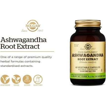 Solgar Ashwagandha Root Extract Adaptogen Herbal Supplement Ayurvedic Medicine Vegan 60 Vegetable Capsules - Image 3