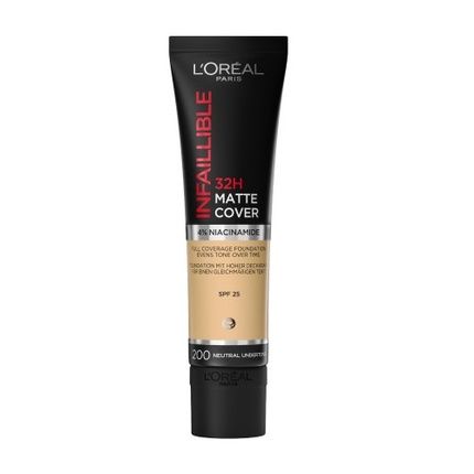 L'Oreal Infallible 32H Matte Cover Foundation Long-Lasting Mattifying Foundation 200 Neutral Undertone/Golden Beige 30Ml