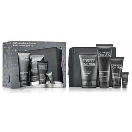 Clinique For Men Refreshed Skin For Him Set Includes Face Scrub 100Ml Moisturizing Lotion 100Ml Antiage Eye Cream 7Ml Charcoal Face Wash 50Ml And Bag