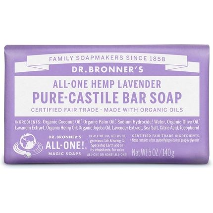 Dr Bronner'S Lavender Pure-Castile Bar Soap Made With Organic Oils For Face Body & Hair Fair Trade Certified & Vegan Friendly 140G Bar
