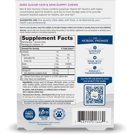 Nordic Naturals Zero Sugar Hair & Skin Gummy Chews Strawberry Lemonade Biotin + Gla From Borage Oil Promotes Healthy Balance Of Fats In Skin Non-Gmo - Image 3